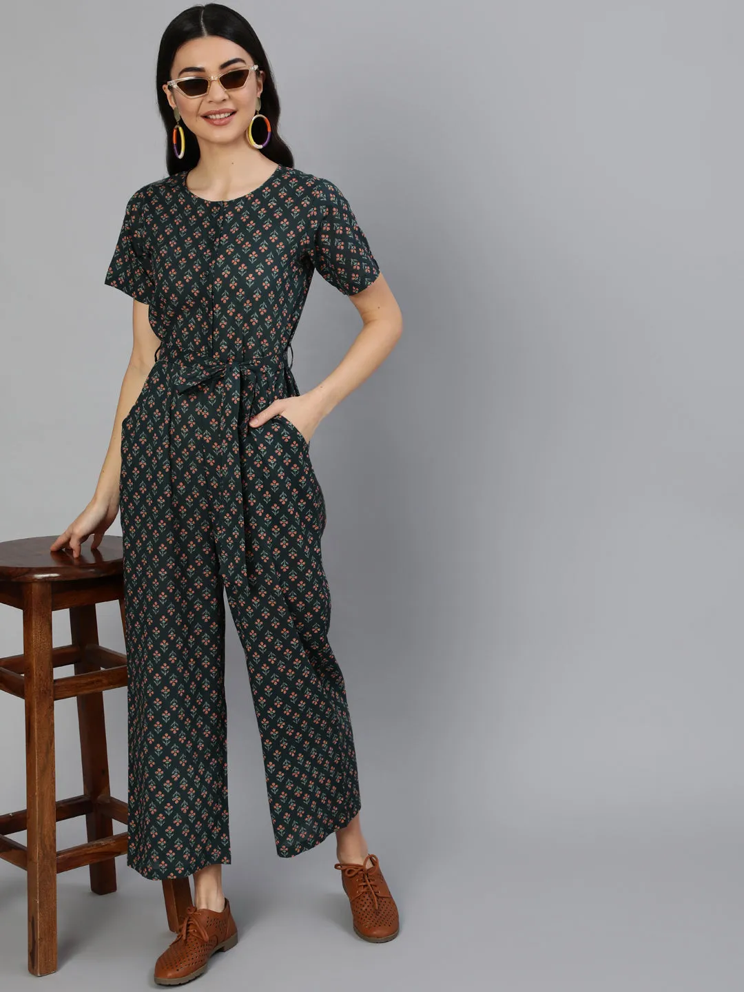 Women Green Printed Jumpsuit With Side Pockets