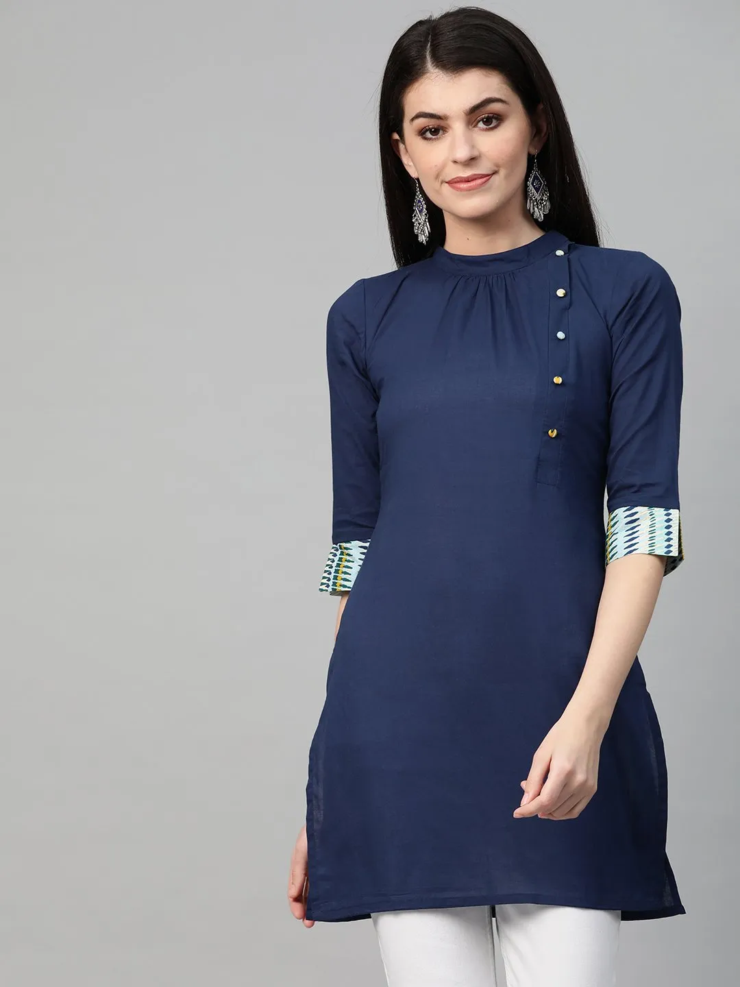 Women Navy Blue Cotton Solid High Neck Tunic