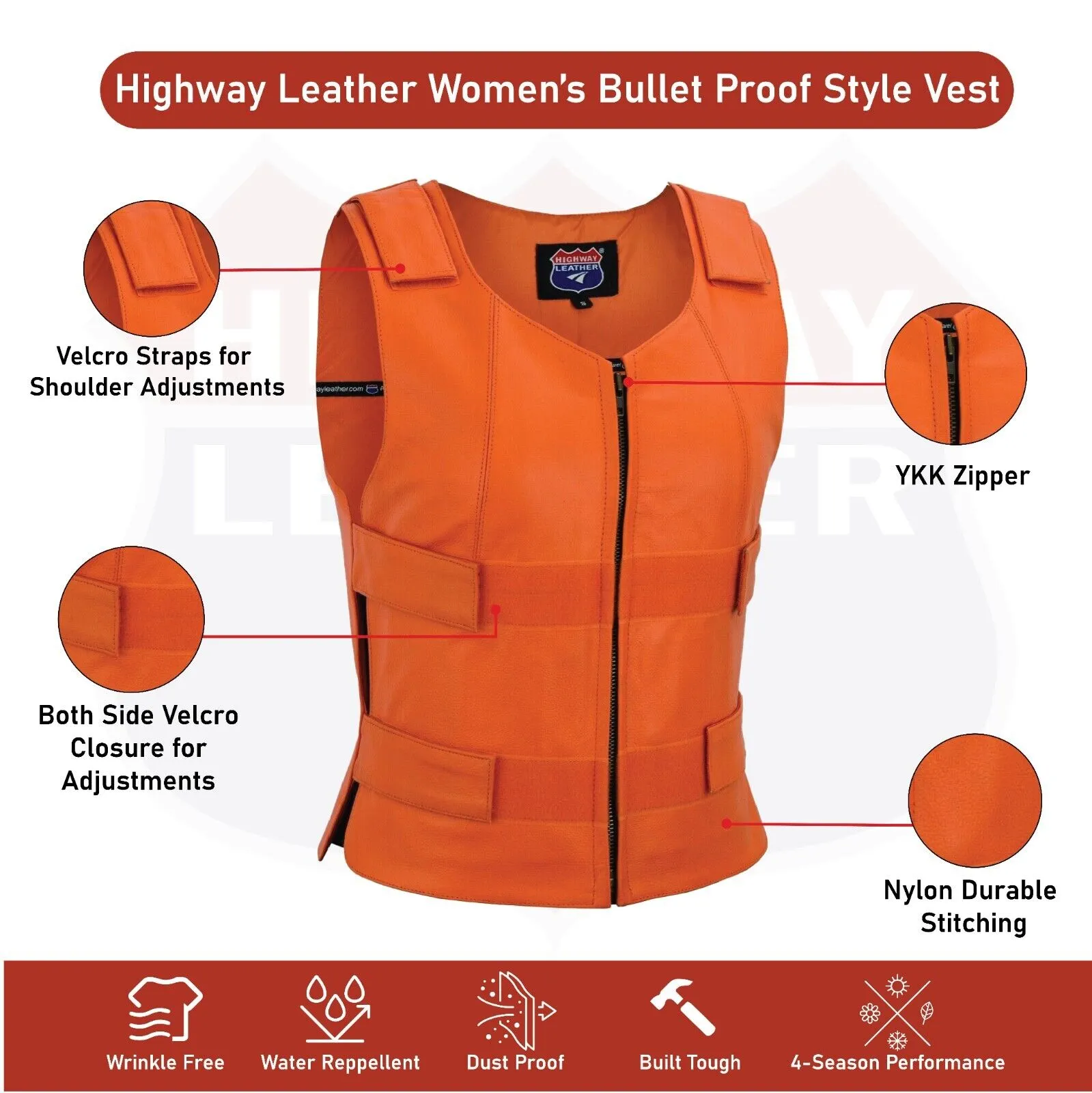 WOMEN ORANGE BULLET PROOF LEATHER VEST