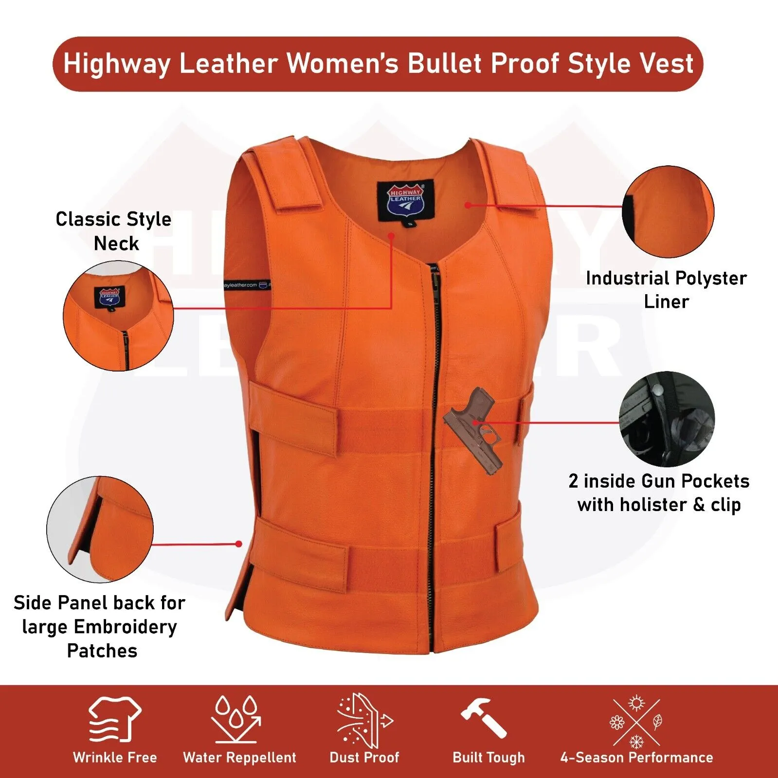 WOMEN ORANGE BULLET PROOF LEATHER VEST