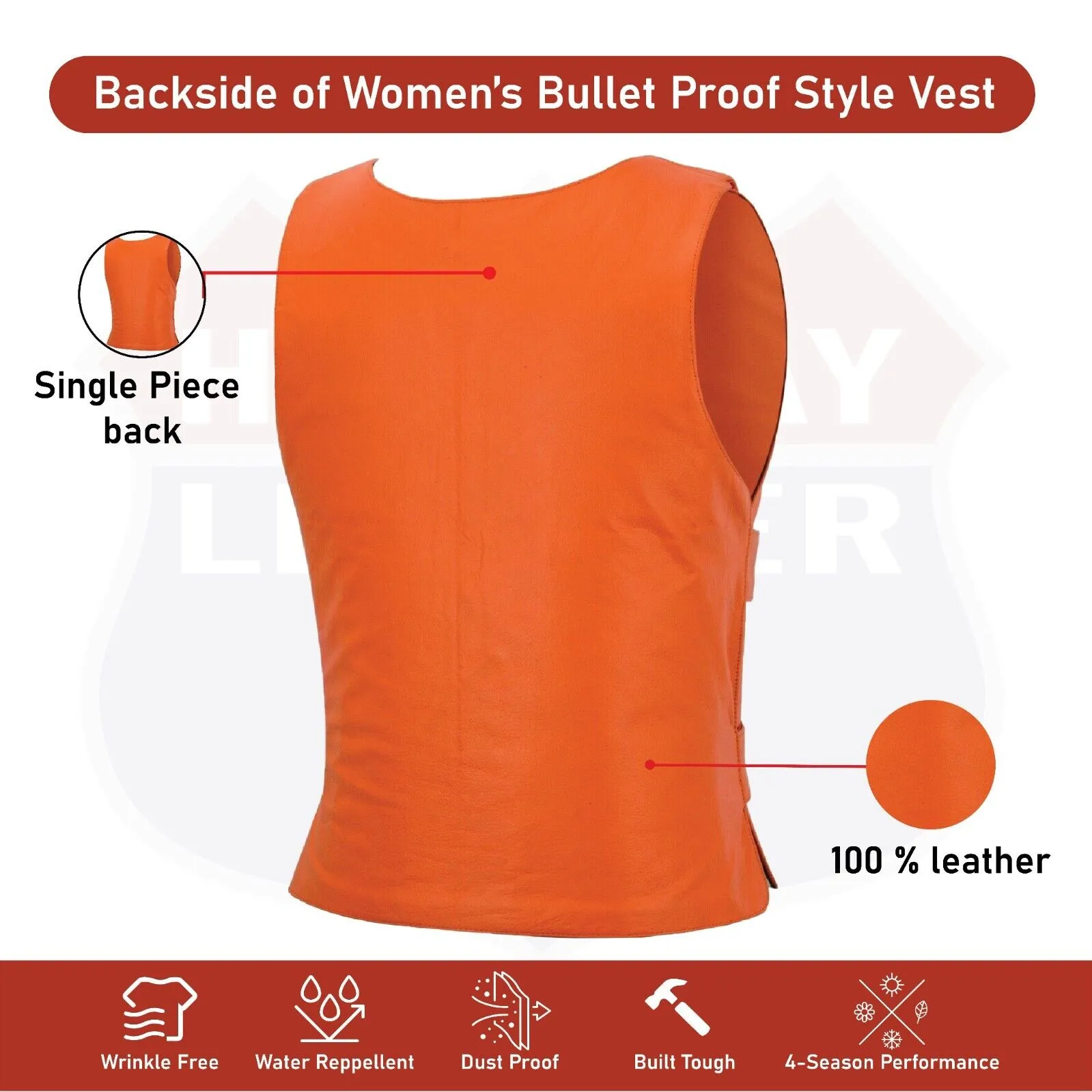 WOMEN ORANGE BULLET PROOF LEATHER VEST