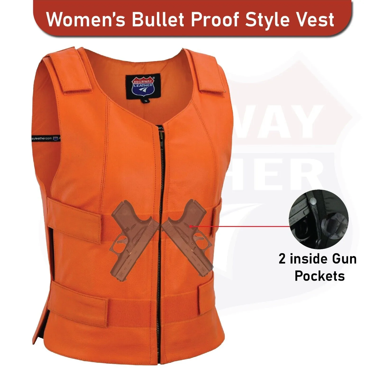 WOMEN ORANGE BULLET PROOF LEATHER VEST