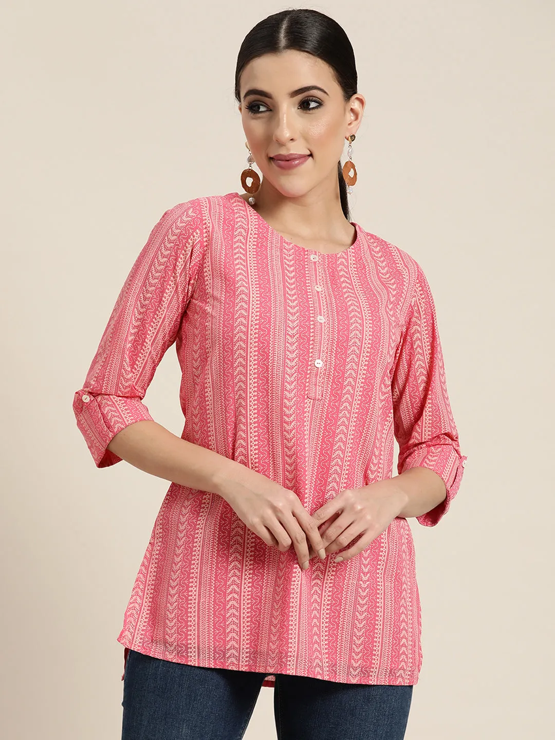 Women Pink Georgette Printed Tunic