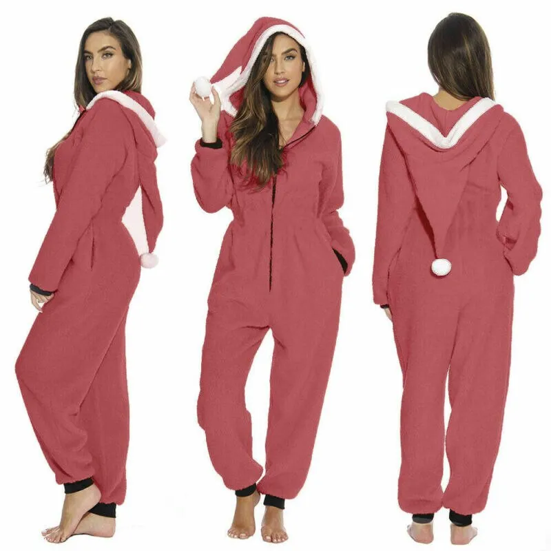 Women Underwear Christmas Pajamas Hooded Winter Warm Loungewear Santa Sleepwear Nightwear Jumpsuit Pyjamas