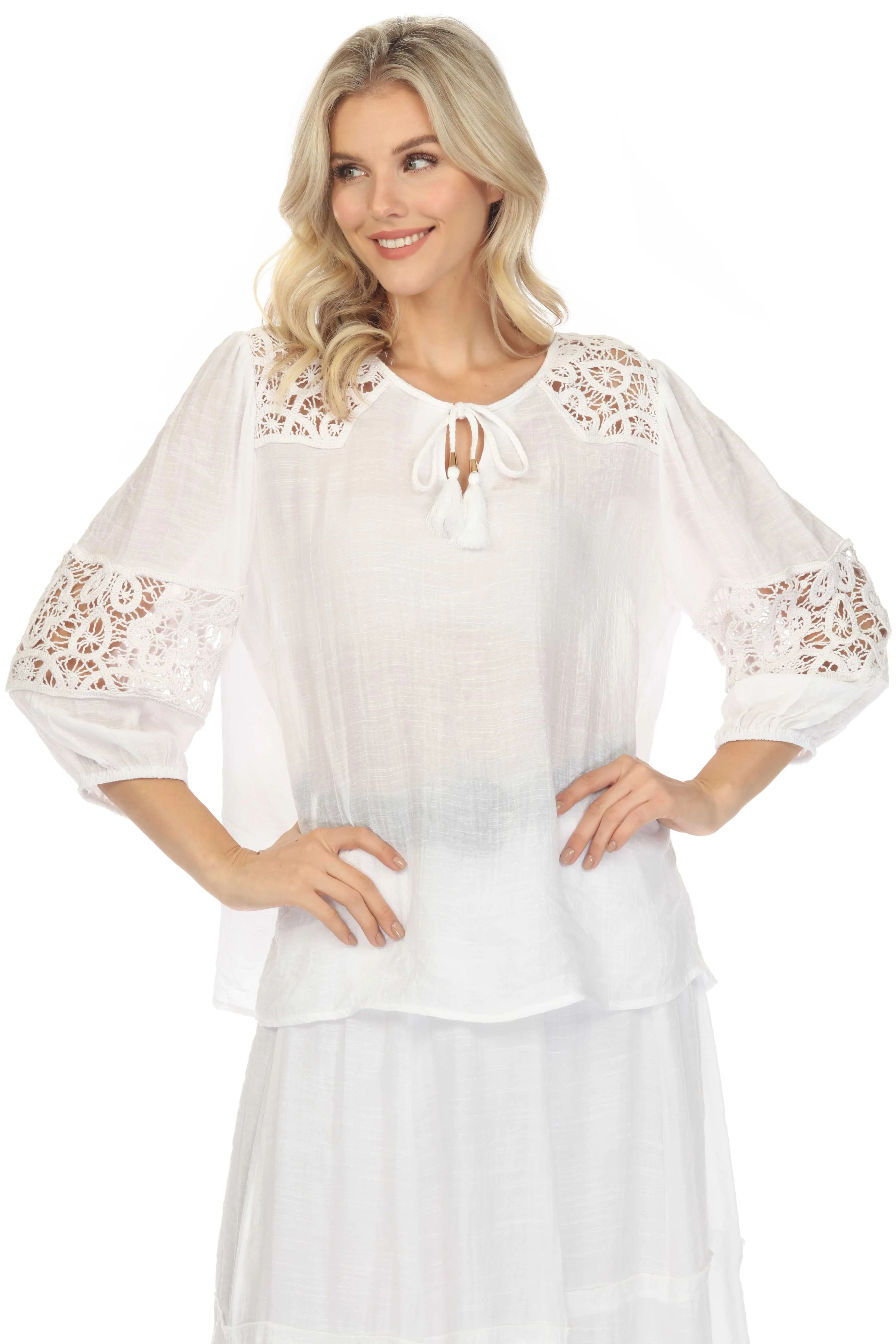 Women's Casual Resort Wear Scoop Neck Crochet Trim ¾ Sleeve Tunic Top with Tassel Drawstring