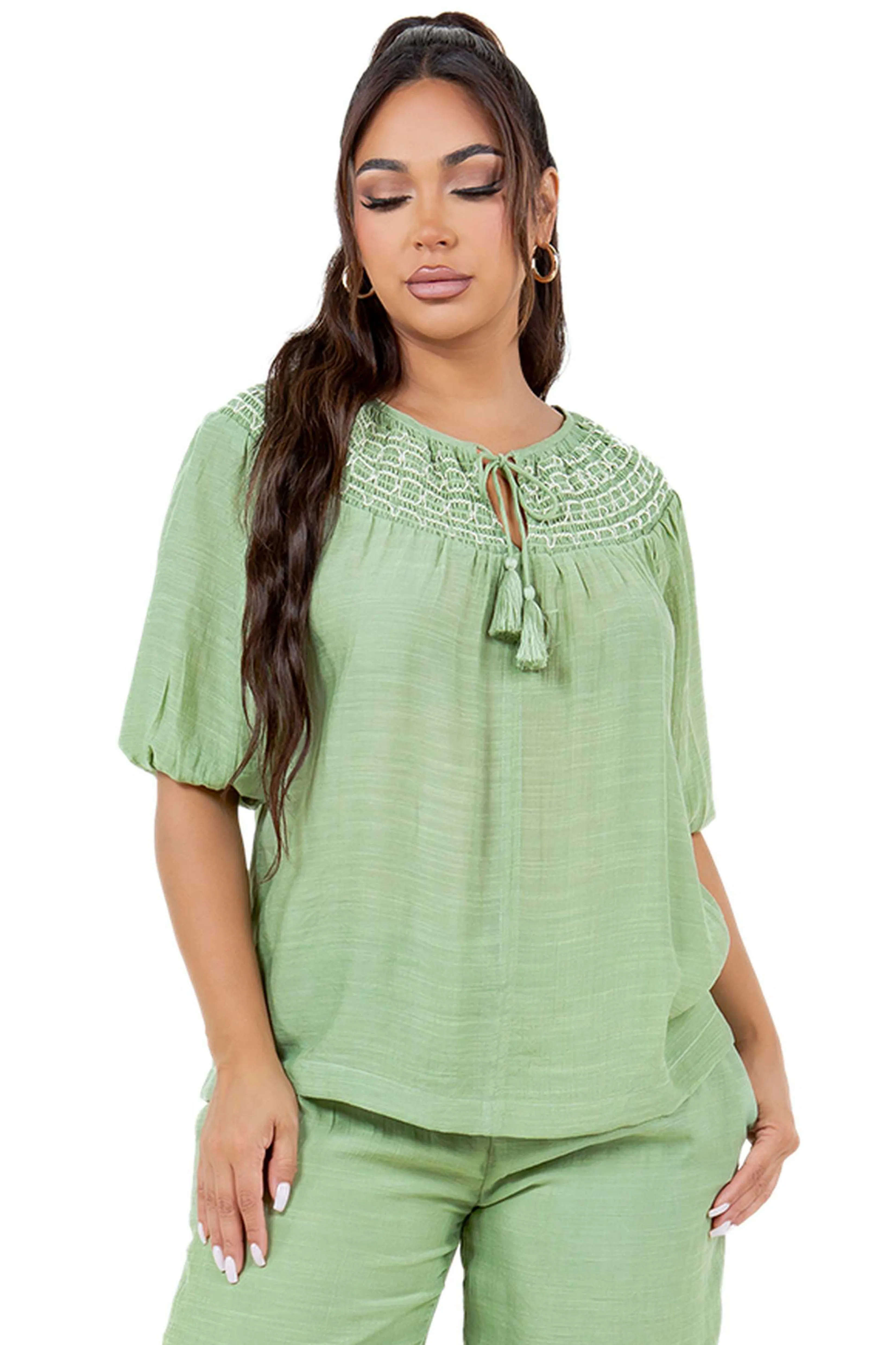 Women's Casual Resort Wear Scoop Neck Embroidered Trim 3/4 Sleeve Tunic Top with Tassel Drawstrings