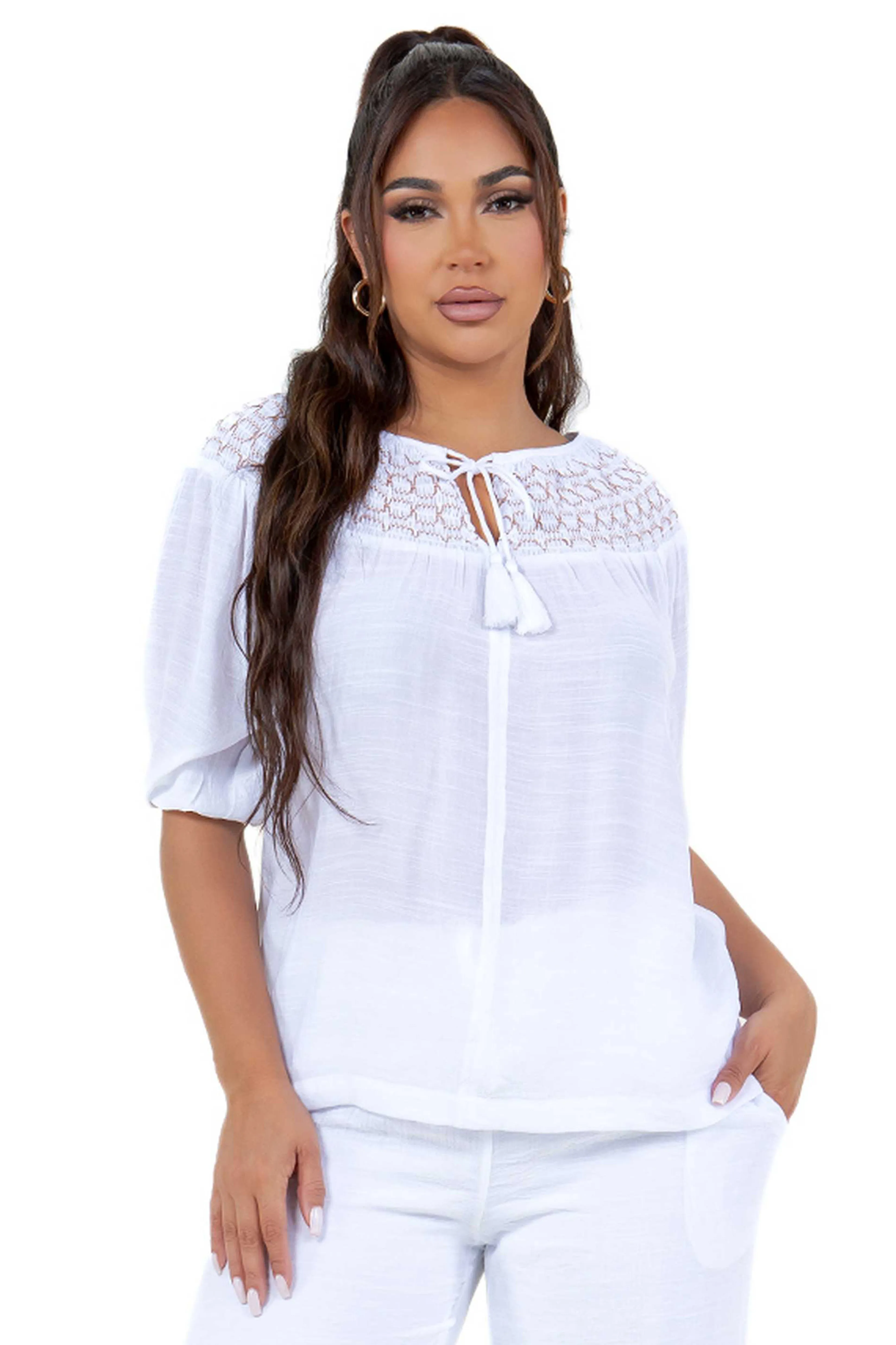 Women's Casual Resort Wear Scoop Neck Embroidered Trim 3/4 Sleeve Tunic Top with Tassel Drawstrings