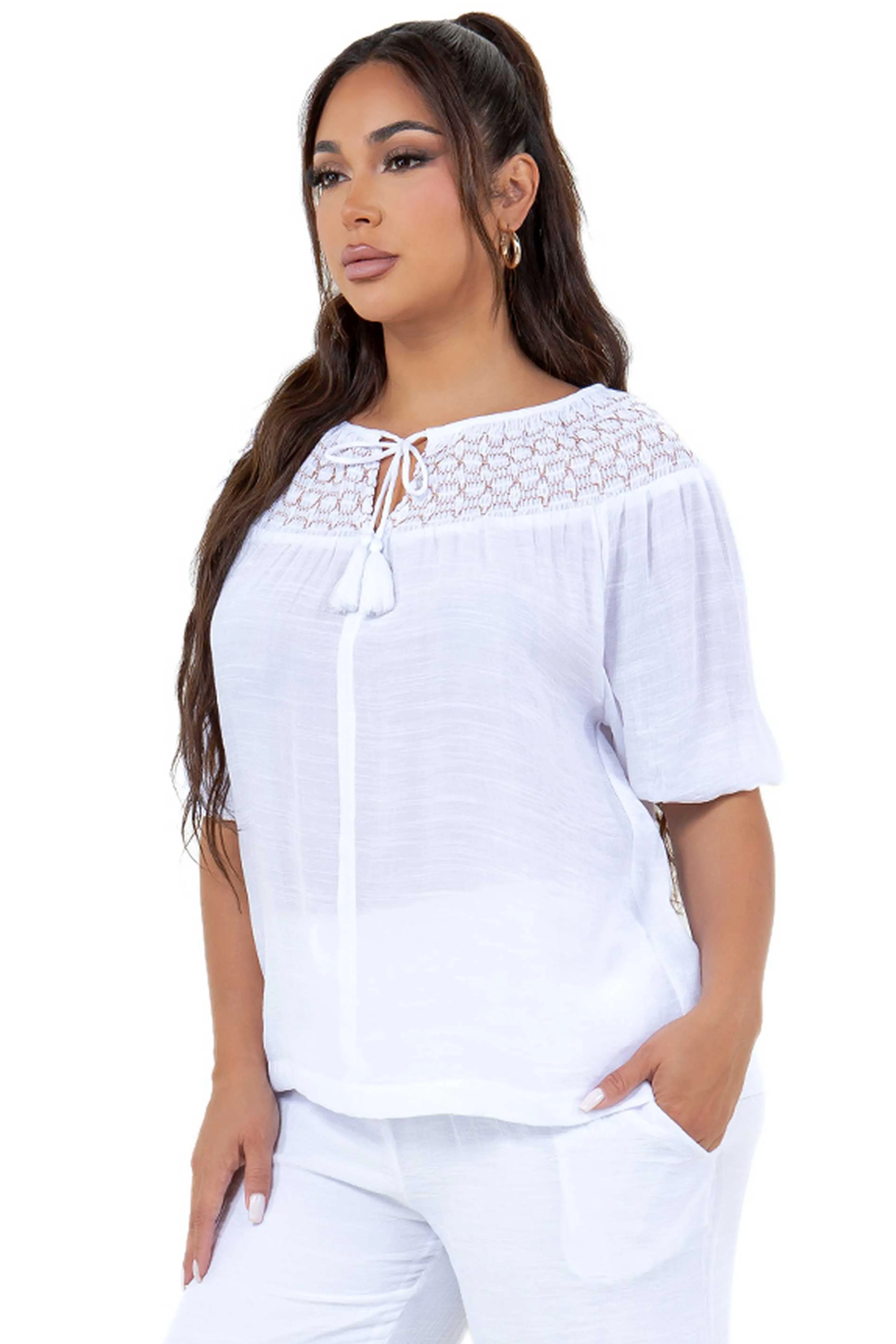 Women's Casual Resort Wear Scoop Neck Embroidered Trim 3/4 Sleeve Tunic Top with Tassel Drawstrings