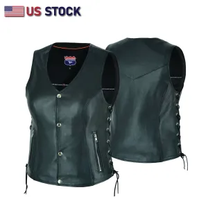 Women's Lace up side leather motorcycle vest - HL14851SPT