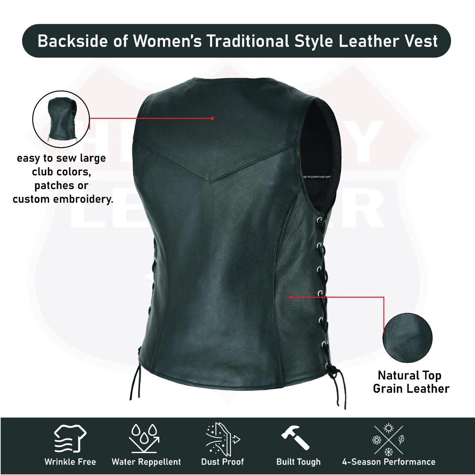 Women's Lace up side leather motorcycle vest - HL14851SPT