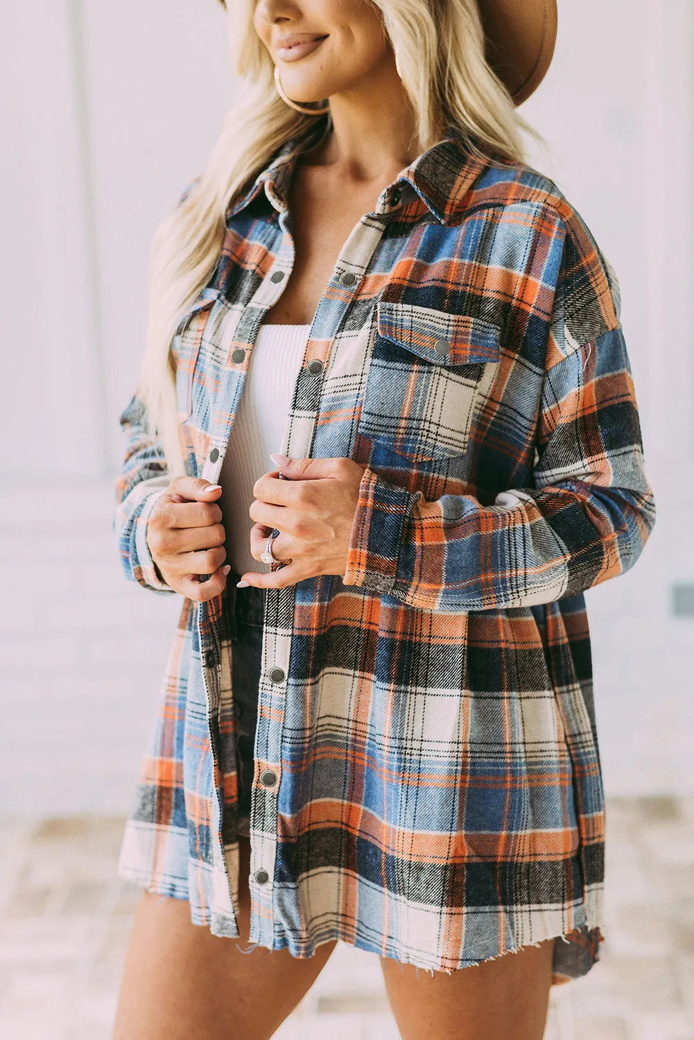 Womens Plaid Shacket Button Down Shirt Ruffled Jacket