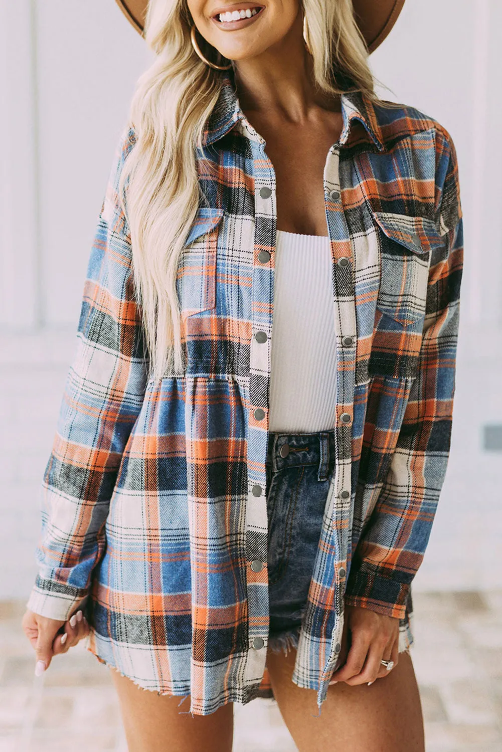 Womens Plaid Shacket Button Down Shirt Ruffled Jacket