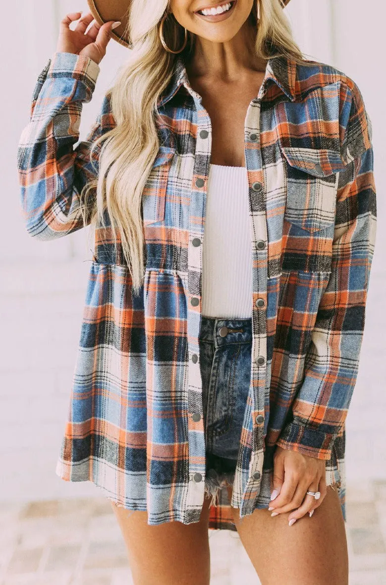 Womens Plaid Shacket Button Down Shirt Ruffled Jacket