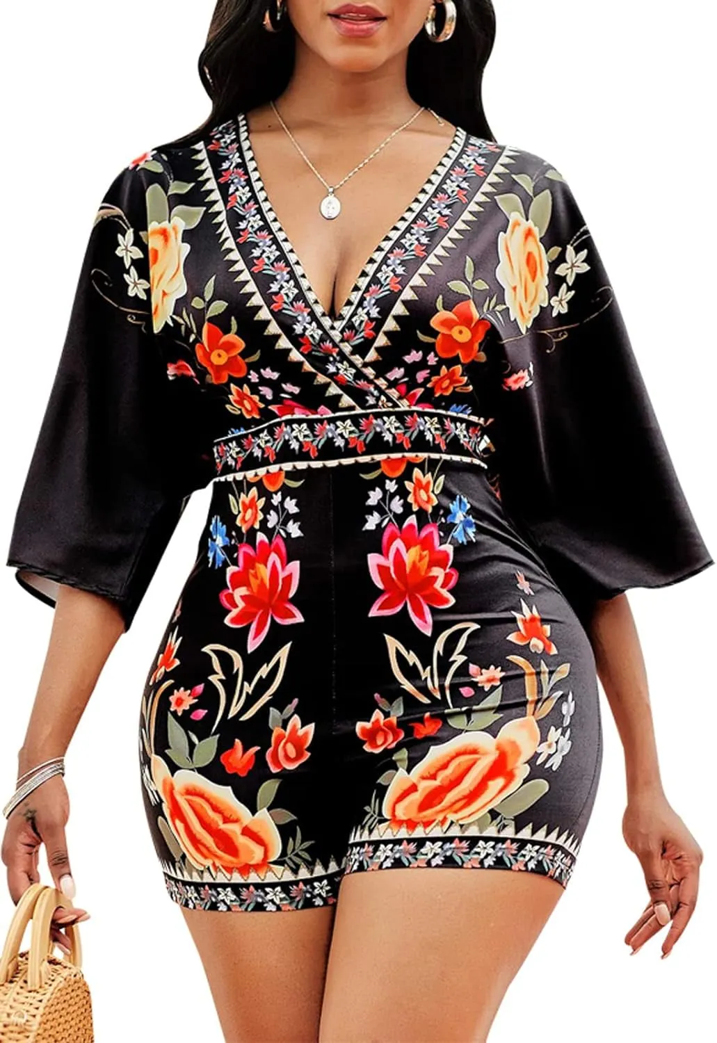 Women'S Sexy Short Rompers V Neck Backless Jumpsuit Floral Print Loose Half Sleeve Bodysuit One Piece Outfit