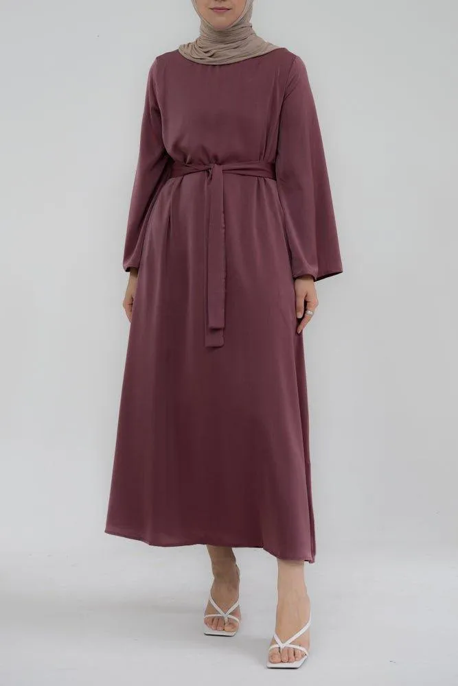 Yasmin Slip dress maxi length with a detachable belt and kimono sleeves in Purplish Red