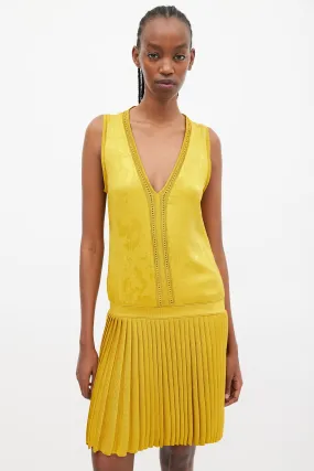 Yellow Jacquared Pleated Drop Waist Dress