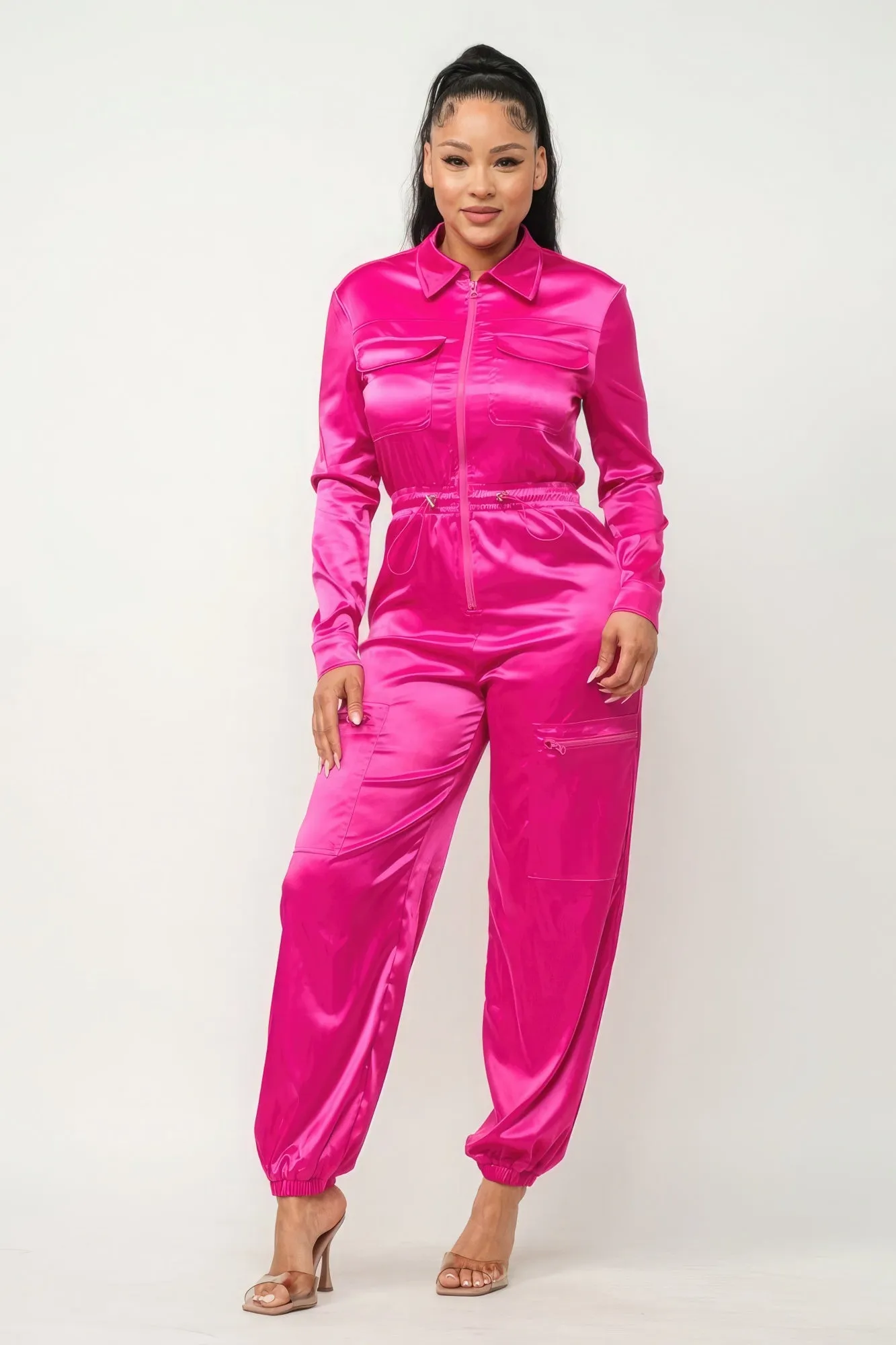 Zip Front Satin Cargo Jumpsuit