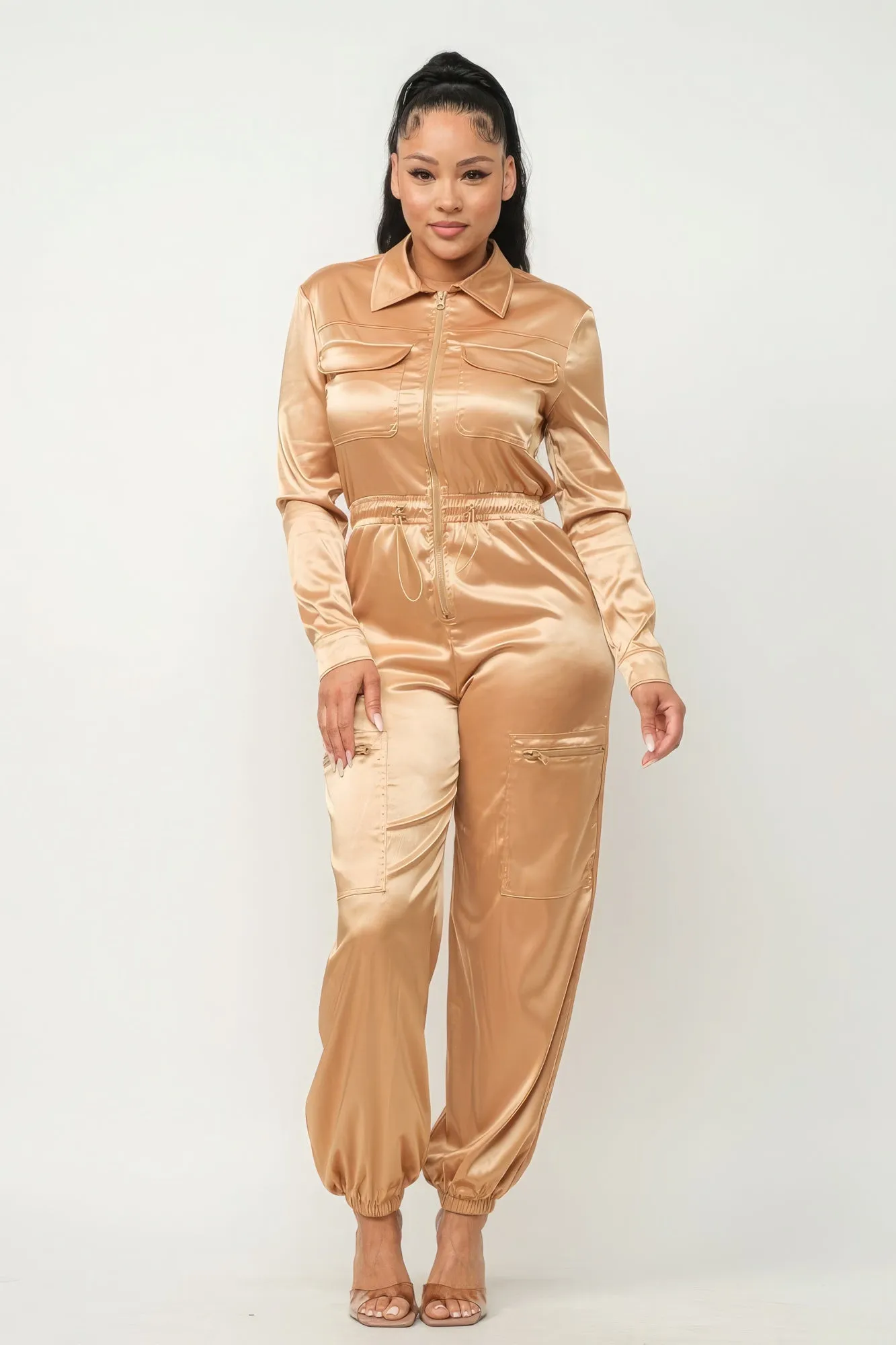 Zip Front Satin Cargo Jumpsuit